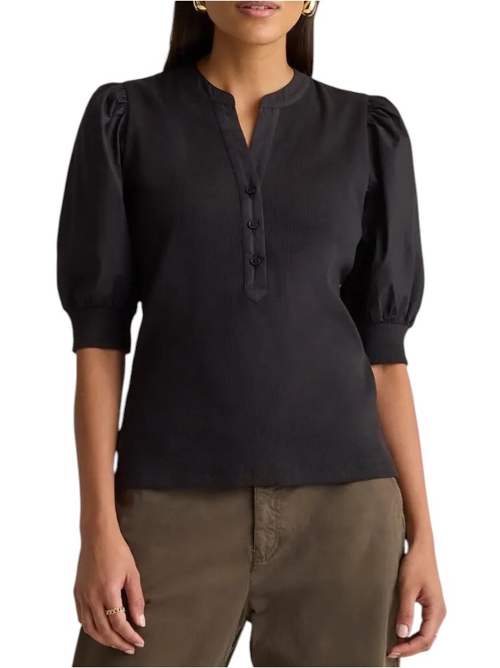 Quince Black Cotton Ribbed Knit Mixed Media Puff Sleeve Top - S